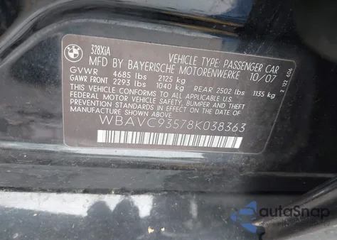 2008 BMW 328Xi from USA, damaged, VIN WBAVC93578K038363